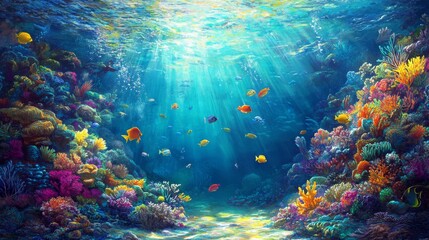 Naklejka premium Vibrant Underwater Scene with Coral Reefs, Tropical Fish, and Sunlit Turquoise Water