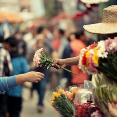 Street Vendor's Hand Reaching Out to Offer Flowers to a Customer