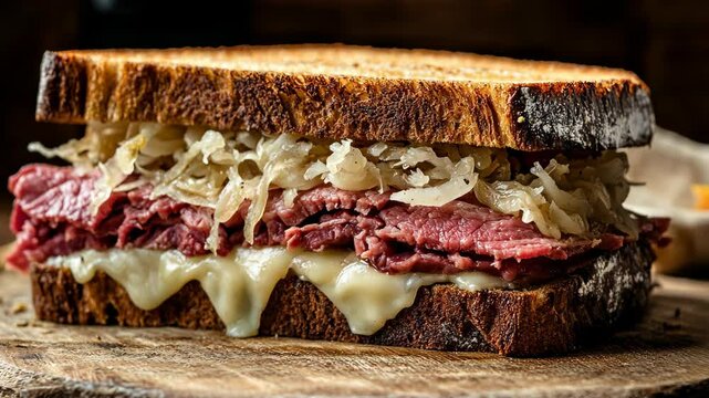Delicious homemade Reuben sandwich made with tender corned beef, sauerkraut, and melted cheese on toasted bread