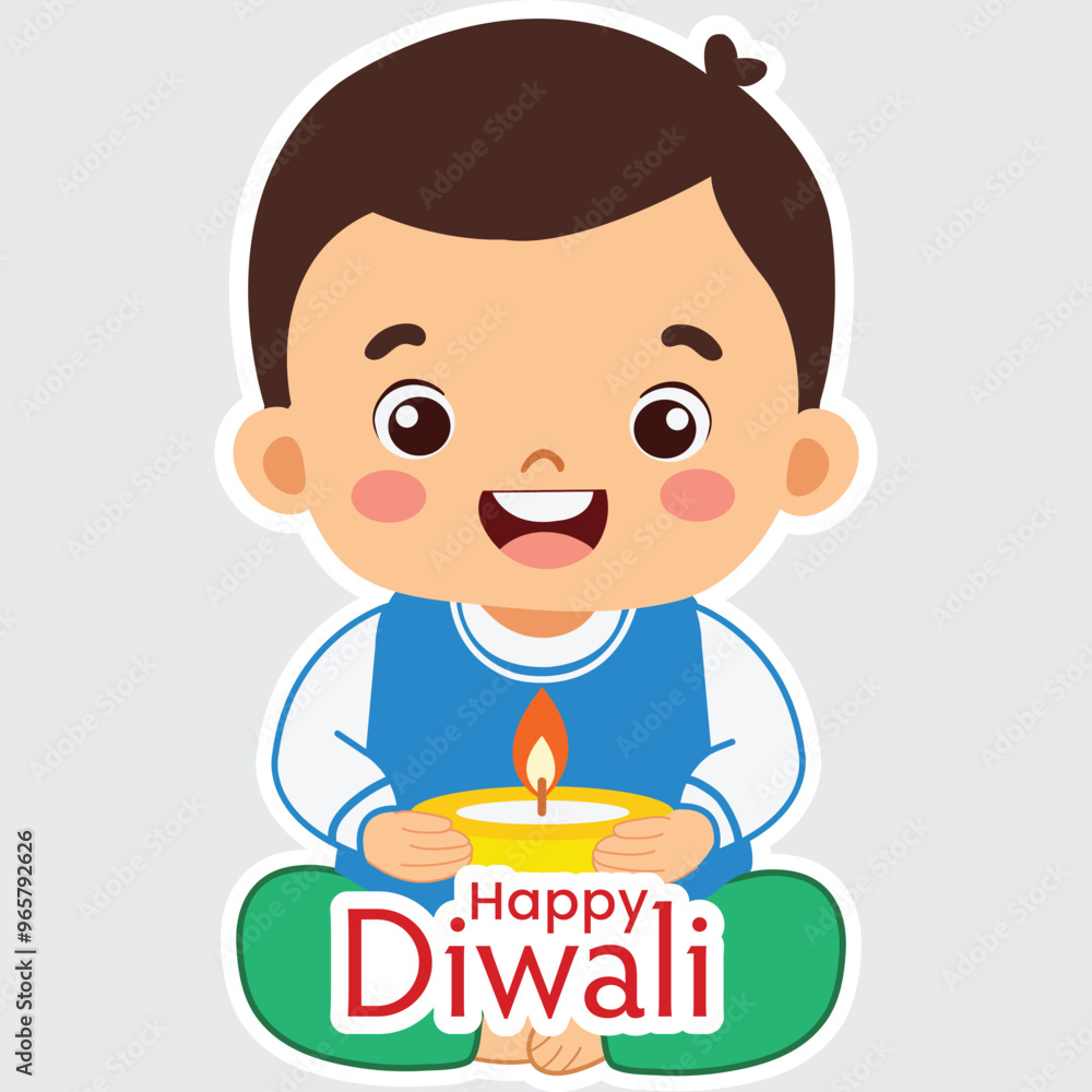 Sticker sticker style happy diwali text with cute indian girl character holding illuminated oil lamp (diya) 