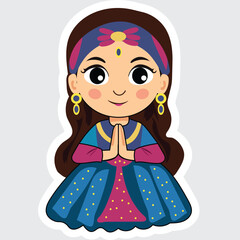 Fototapeta premium Sticker Style Indian Girl Doing Namaste or Greets to Diwali Festival on Grey Background.