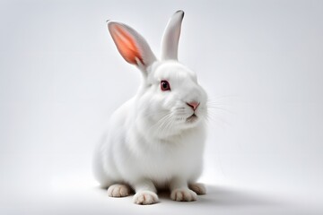 Fototapeta premium A white rabbit with red eyes sitting upright on a white background, AI Generated
