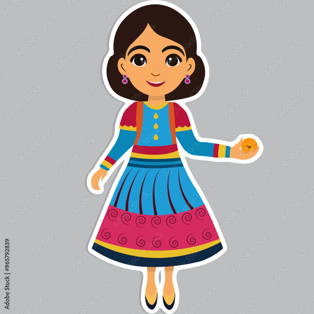 Wall mural Sticker Style Young Indian Girl Character Holding Sweet Ball (Laddu) on Grey Background.