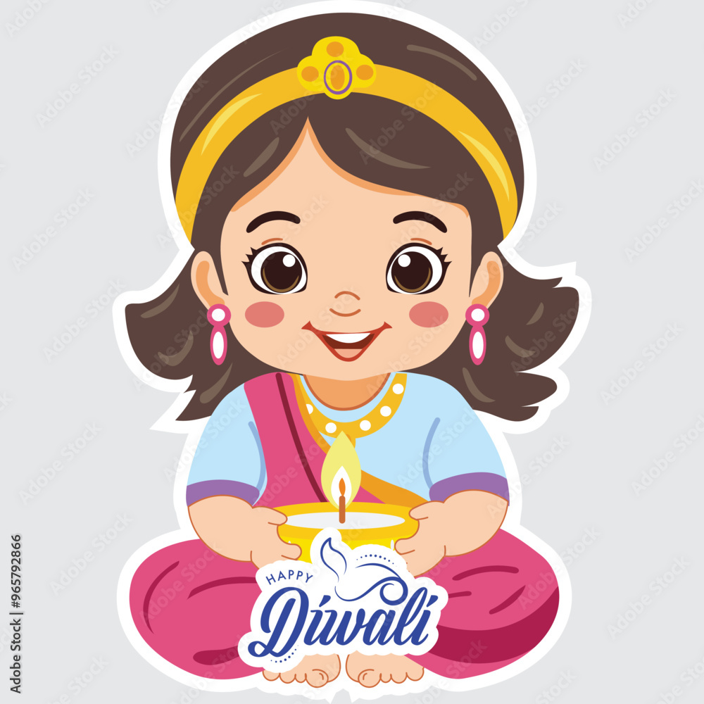 Poster sticker style happy diwali text with cute indian girl character holding illuminated oil lamp (diya) 