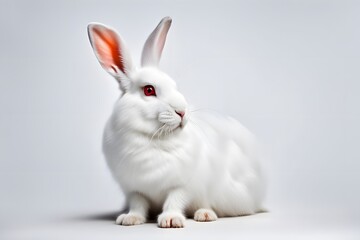 Fototapeta premium A white rabbit with red eyes sitting upright on a white background, AI Generated