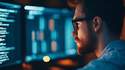 A focused programmer working on computer code in a dimly lit environment, highlighting tech innovation and concentration.