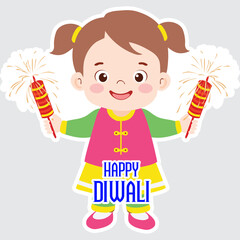 Sticker Style Happy Diwali Text with Cute Indian Girl Character Holding Fireworks Rockets in Standing Pose on Grey Background.