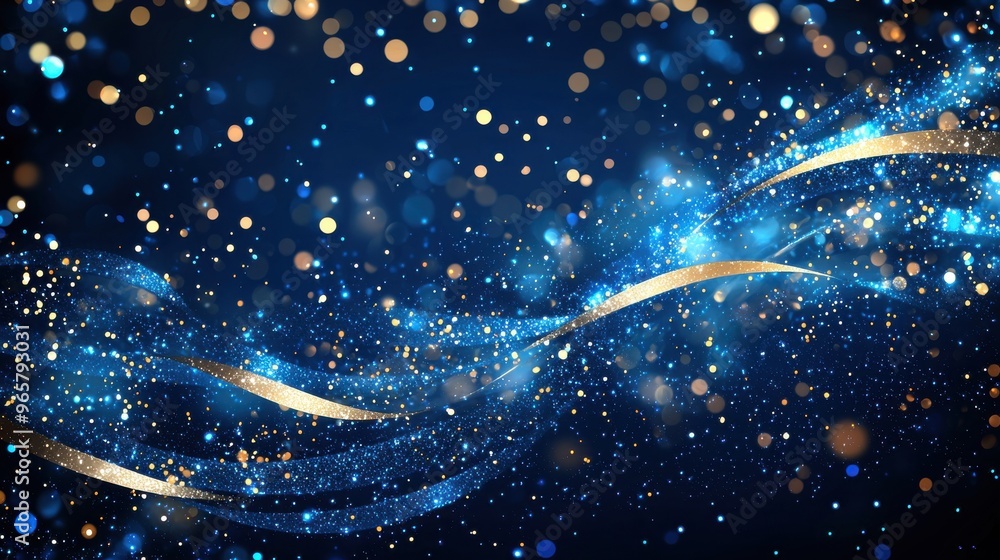 Poster sparkling blue and gold abstract design with shimmering lights and flowing patterns suitable for fes