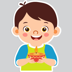 Sticker Style Cute Indian Boy Character Holding Illuminated Oil Lamp (Diwali Diya) on Grey Background.