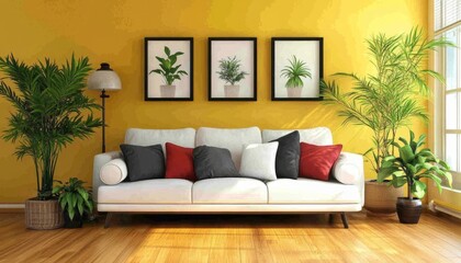 Modern Living Room Interior with Yellow Wall, White Sofa and Indoor Plants with Hardwood Floor