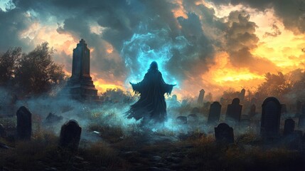 Ghostly Witch Hovering Over Crumbling Graveyard with Stormy Sky and Glowing Orbs