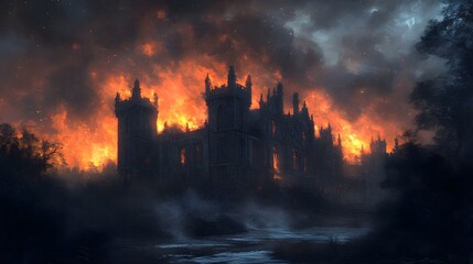 Fototapeta premium An ancient manor house ablaze under a starless sky, ash and embers raining down, eerie glow, Victorian Gothic, oil painting style, somber tones, detailed architecture