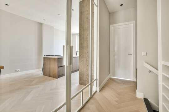 Modern interior with herringbone pattern flooring