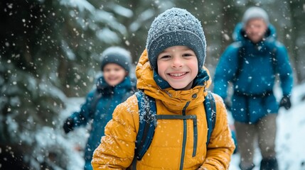 Children enjoying a snowy hike in a forest during winter, winter scene with copy space for text, family gathering, family wintry activity