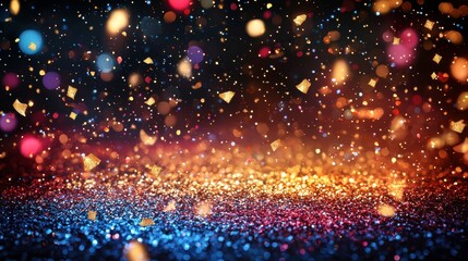 Colorful confetti and shimmering lights create a festive atmosphere during a celebration in a dimly lit venue at night