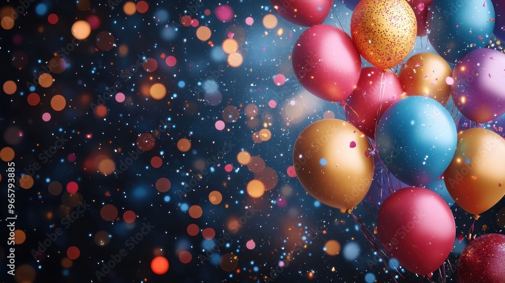 Aufkleber colorful balloons float against a shimmering background filled with sparkling bokeh lights during a 