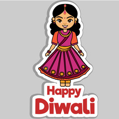 Fototapeta premium Sticker Style Happy Diwali Text with Beautiful Indian Girl Character in Traditional Dress on Grey Background.