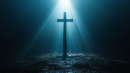 Naklejka premium A cross is lit up in the dark, with a bright light shining on it