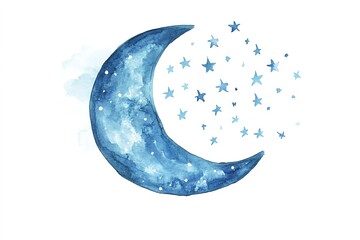 Blue watercolor crescent moon with stars