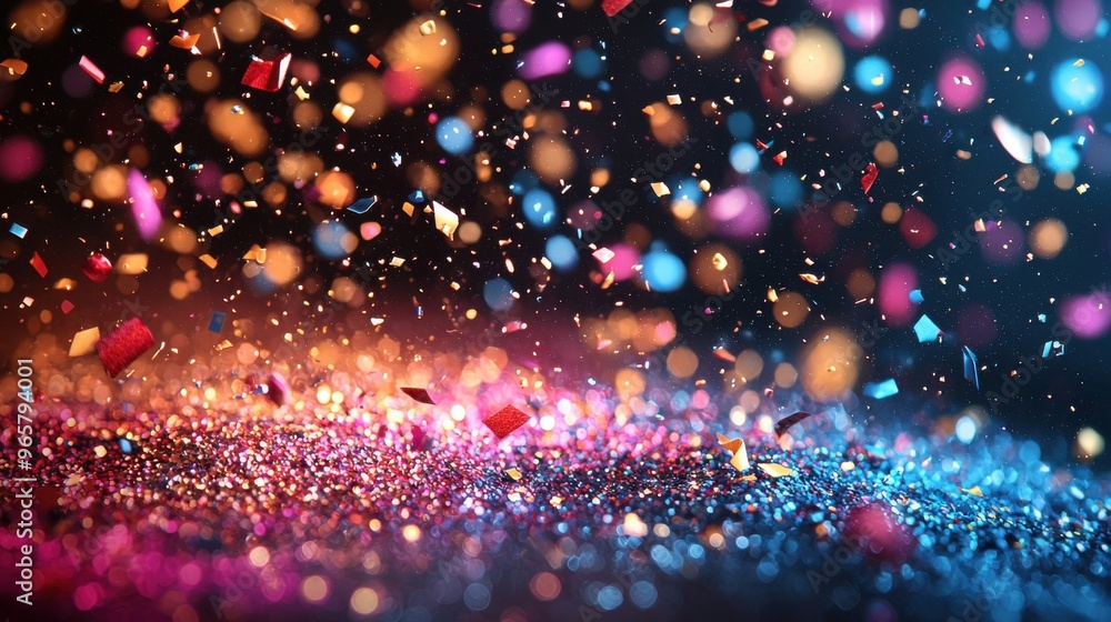 Poster colorful glitter particles scattered in vibrant patterns against a dark background during a lively c
