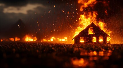 Dramatic scene of a burning house in a heavy rainstorm, rainwater mixed with flames, sparks flying, cinematic lighting, dark night sky, photorealistic, insurance scenario