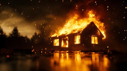 Dramatic scene of a burning house in a heavy rainstorm, rainwater mixed with flames, sparks flying, cinematic lighting, dark night sky, photorealistic, insurance scenario