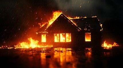 Dramatic scene of a burning house in a heavy rainstorm, rainwater mixed with flames, sparks flying, cinematic lighting, dark night sky, photorealistic, insurance scenario