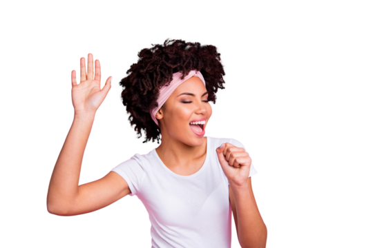 Close up photo beautiful funky she her dark skin lady karaoke night club person people hang out having fun modern moves motion wear head scarf casual white t-shirt isolated pink bright background