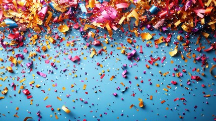 Fototapeta premium Colorful confetti scattered across a blue surface celebrating festive occasions and joyful moments