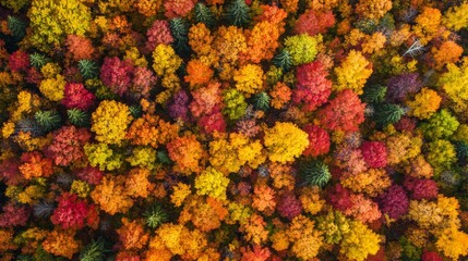 Dense autumn foliage with rich, vibrant colors covering the forest.