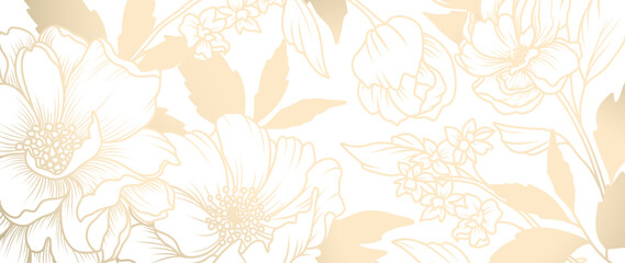 Luxury floral background. Abstract golden elegant flowers in line art style. Vector illustration design for decoration, wall decor, wallpaper, cover, banner, poster, card, wedding invitation © Victory