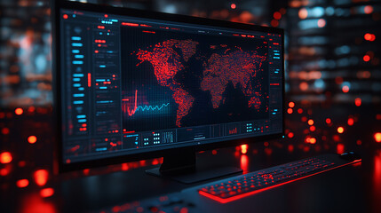 Obraz premium A computer monitor displays a map of the world with red dots on it