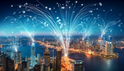 Produce a vibrant digital rendering exhibiting a network of glowing fiber optic cables connecting major landmarks across continents, symbolizing the seamless global connectivity through technology