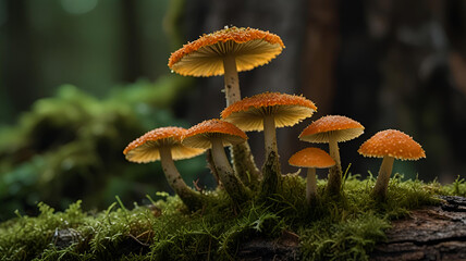 Macro shot of a mushroom growing on a mossy log. The subtle beauty of the natural forest.
