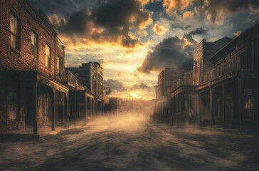 A quiet, empty street in an Old West town captured at sunset, with wooden buildings lining the dusty road under a dramatic sky.
