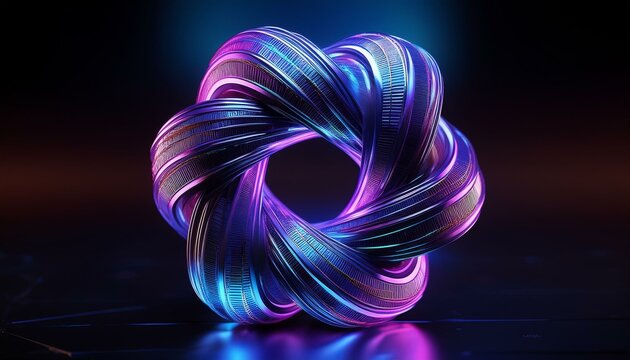 Purple and blue twisted torus, 4 sided, made of data strings, set against abstract aurora tinged black, redshift octane vision, 50mm lens