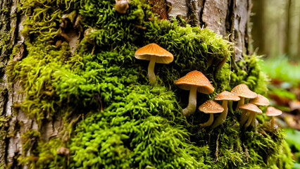 Fototapeta premium Macro shot of a mushroom growing on a mossy log. The subtle beauty of the natural forest.