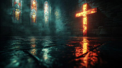 A dark room with a cross in the middle of it