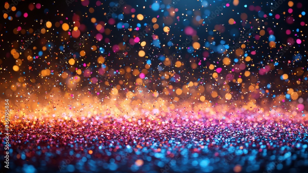 Poster shimmering multicolored glitter dancing in the light against a dark backdrop, creating a vibrant and