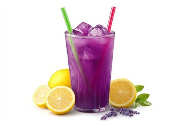 Fototapeta premium Refreshing Purple Lemonade in a Tall Glass with Ice, Straws, and Fresh Lemons Isolated on White.