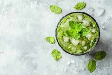 Obraz premium Refreshing Green Mojito Cocktail with Mint and Ice on a Light Gray Background. Top View.