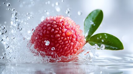 Fresh ripe lychee fruit, water splash explosion, transparent white background, crystal clear droplets, high-speed photography, freeze motion, macro detail, vibrant red color.