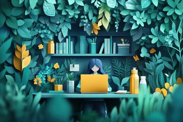 Eco-Friendly Paper Cut Workspace - Sustainable Office Habits Concept with Laptop, Paperless Documents, and Reusable Items
