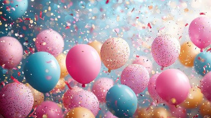 Colorful balloons and confetti float in the air, creating a festive atmosphere for a celebration or party event