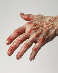 Detailed close-up of an aging hand with dry, irritated, and inflamed skin, showing signs of skin conditions like dermatitis or eczema.
