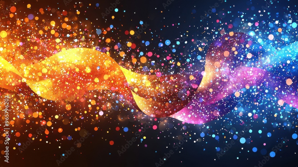 Poster colorful wave of light particles swirling through a dark background, creating a vibrant visual effec