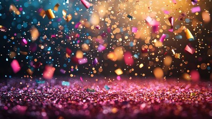 Colorful confetti and glitter sparkle against a blurred vibrant background during a festive celebration at night