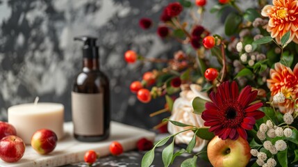 Autumn floral arrangement with candles and apples on rustic table