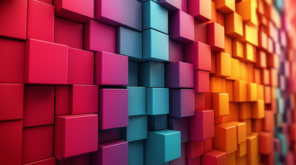 Fototapeta premium A colorful wall made of blocks with a blue square in the middle