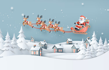 Santa Sleigh Flying Over Winter Town with Snow and Pine Trees